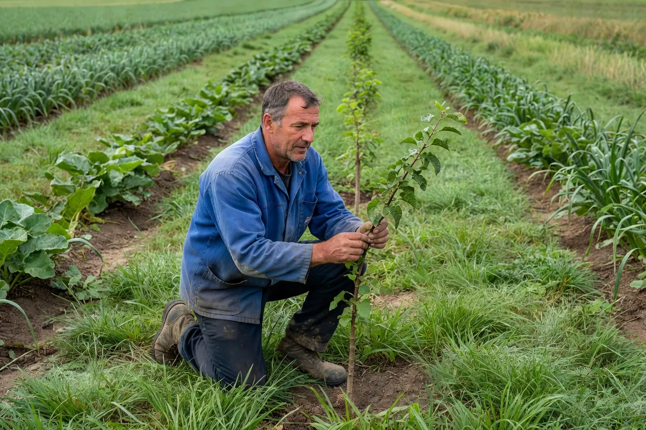 Agriculteur inspectant un jeune pommier en bande enherbée, cultures en arrière-plan
