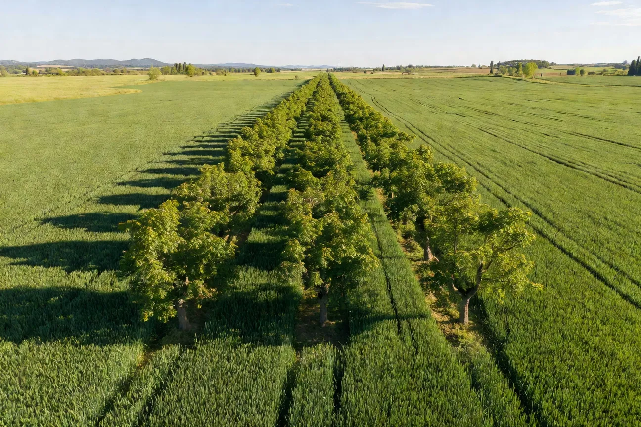 Rangée de noyers adultes en alignement intercalaire au milieu d'une parcelle de blé, Gard