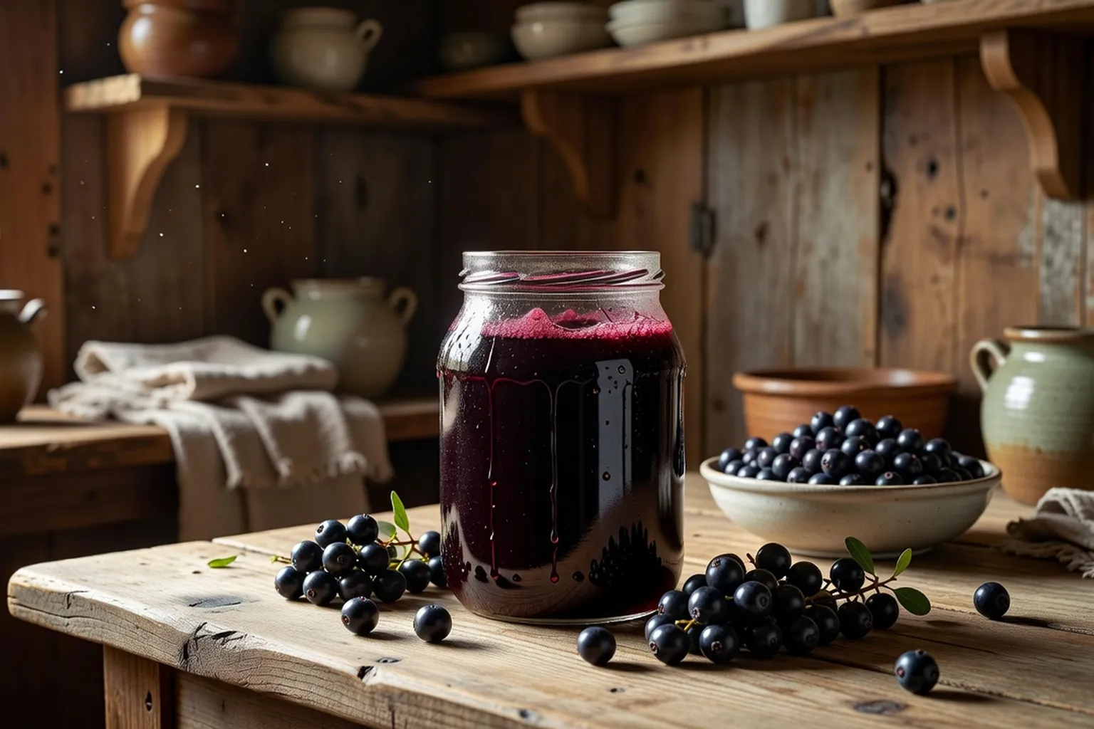 Bocal de jus d'aronie pressé maison, baies fraîches à côté, fond bois naturel, style cuisine rustique
