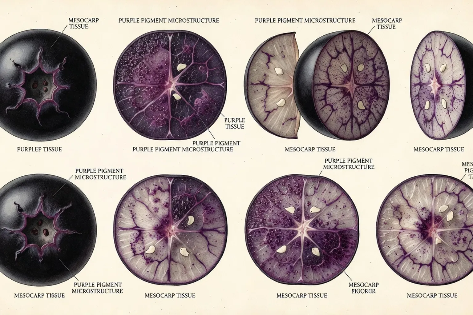 Gros plan baies d'aronie noires en coupe transversale, microstructure des pigments violets visibles, fond papier crème herbier