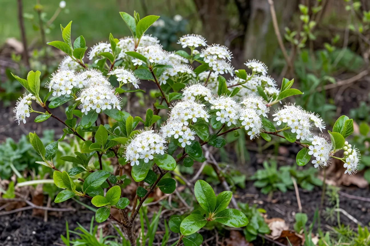 Arbuste d'aronie en fleurs blanches au printemps, jeunes feuilles luisantes