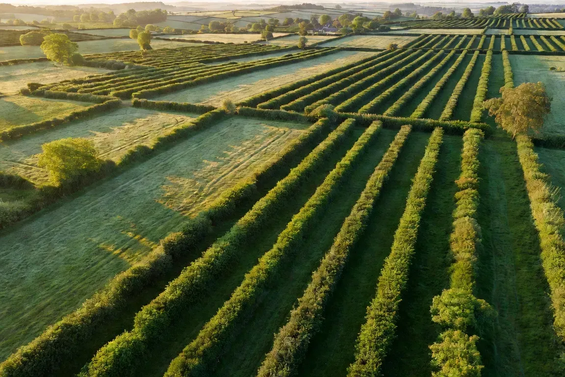 Vue aérienne d'un bocage breton restauré, haies rectilignes entourant parcelles de prairies en Morbihan