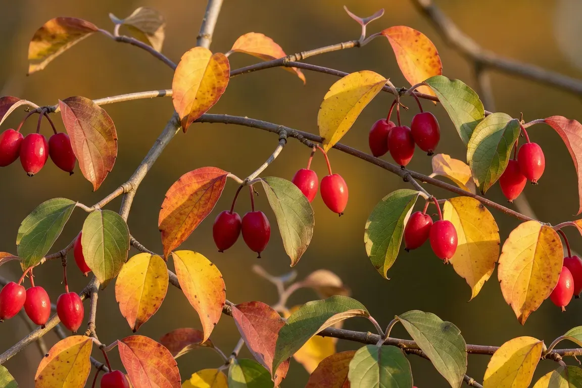 Feuilles et fruits de cornouiller mâle en automne, drupes rouges allongées comestibles