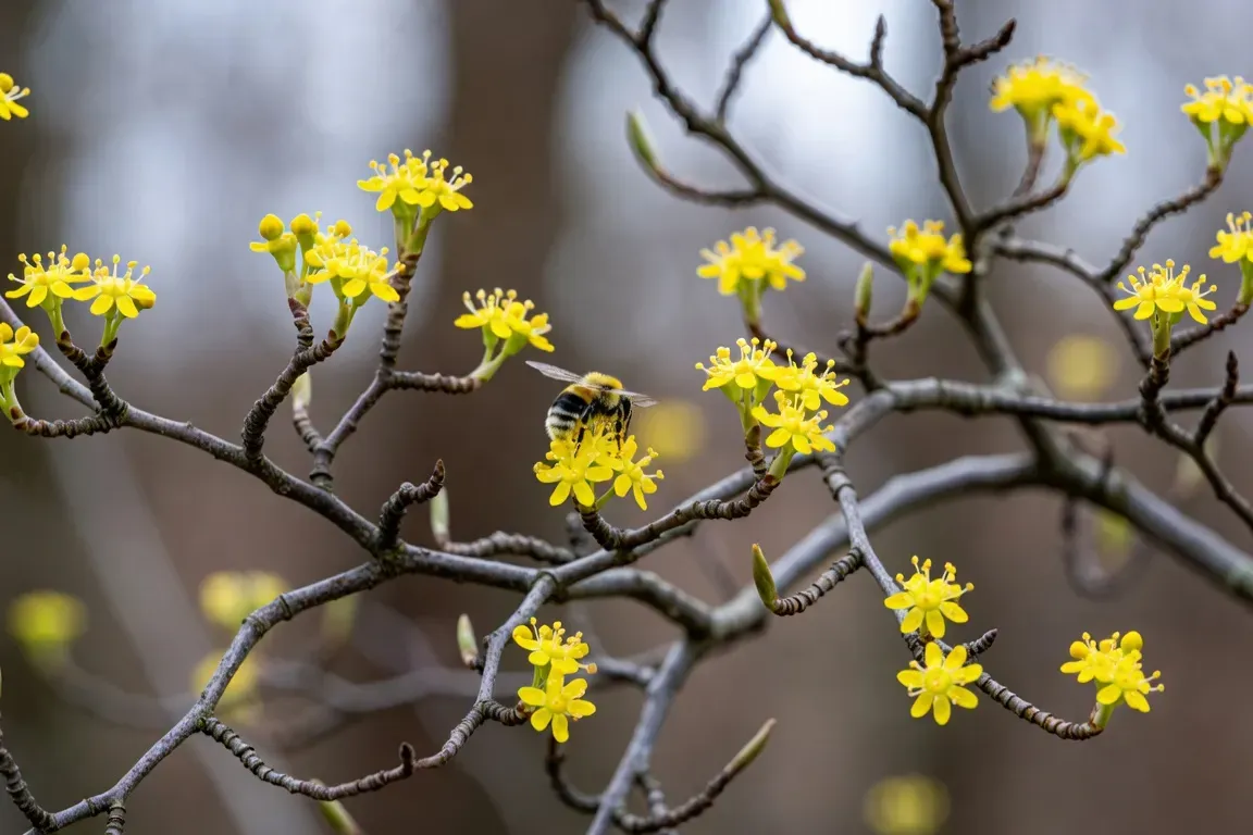 Bourdon butinant les petites fleurs jaunes du cornouiller mâle en février
