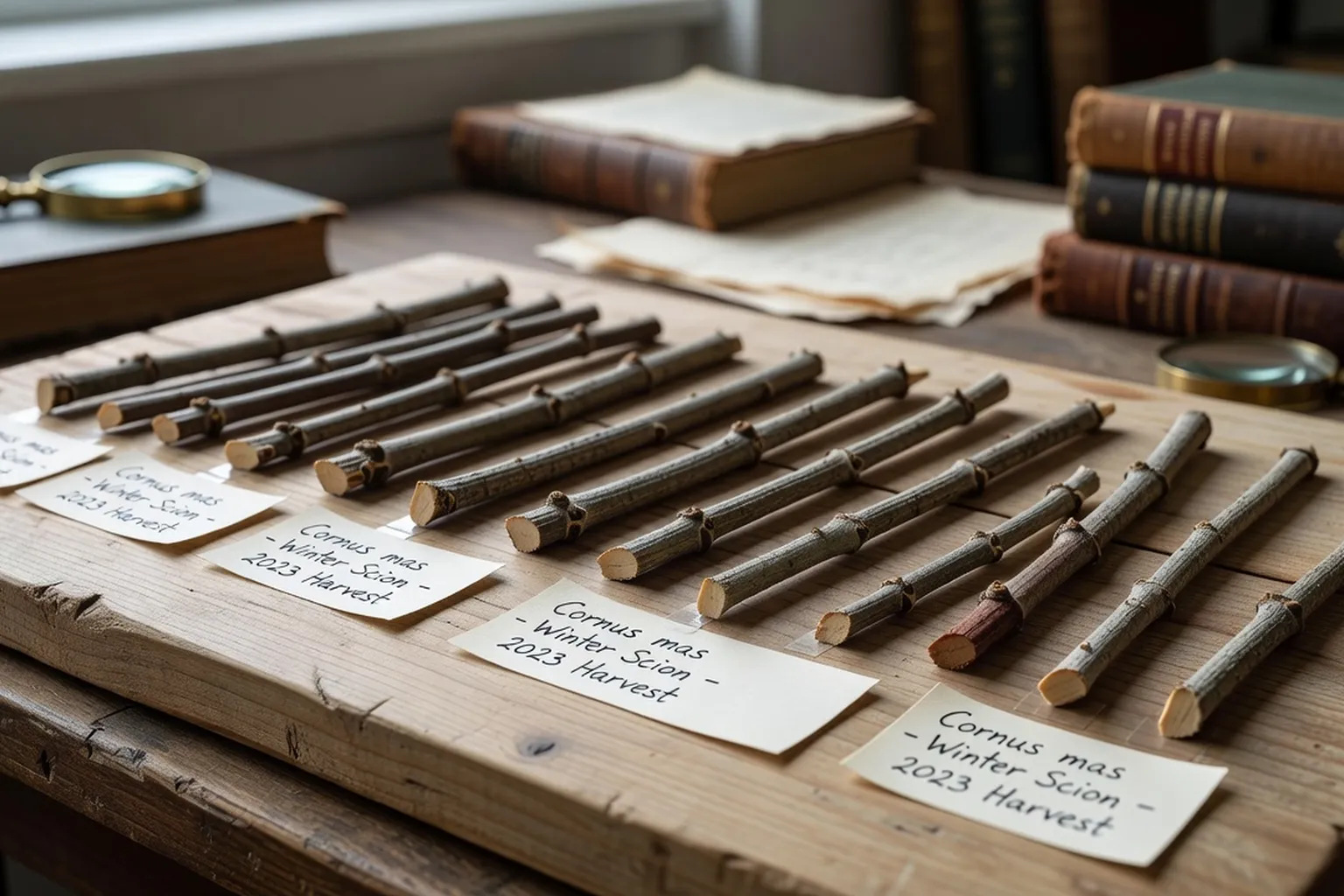 Greffons de cornouiller mâle prélevés en hiver, alignés sur une planche de bois, étiquettes manuscrites, style herbier contemporain