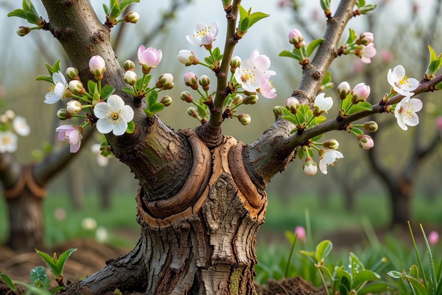 Arbre greffé avec succès à la 3ème saison : bourgeons éclatants sur le greffon, cicatrice de greffe visible sur le porte-greffe, printemps