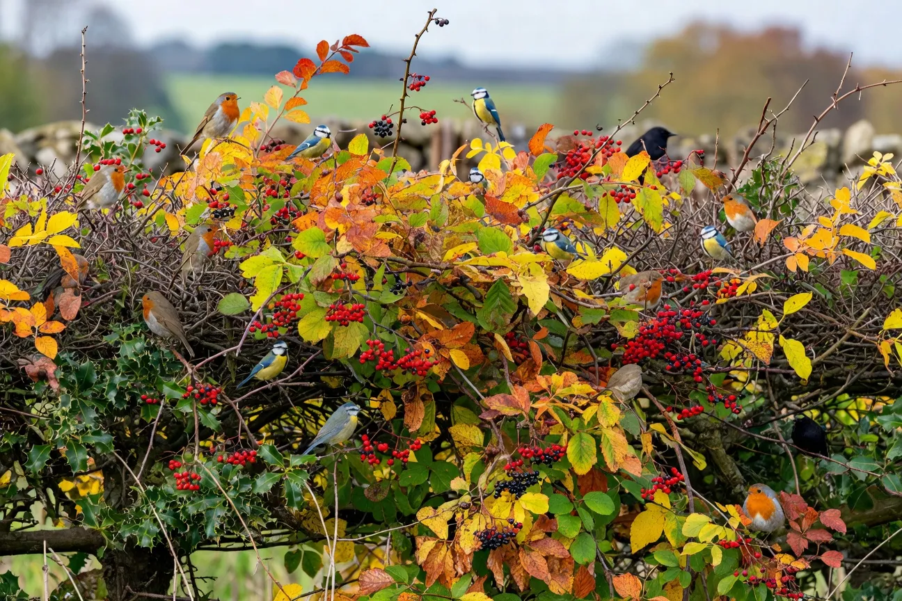 Oiseaux perchés dans une haie champêtre multistrate, essences mélangées en automne