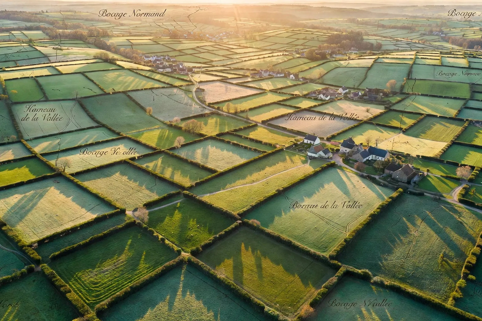 Vue aérienne d’un bocage normand structuré en maillage : haies perpendiculaires, talus, prairies, villages, style cartographie poétique