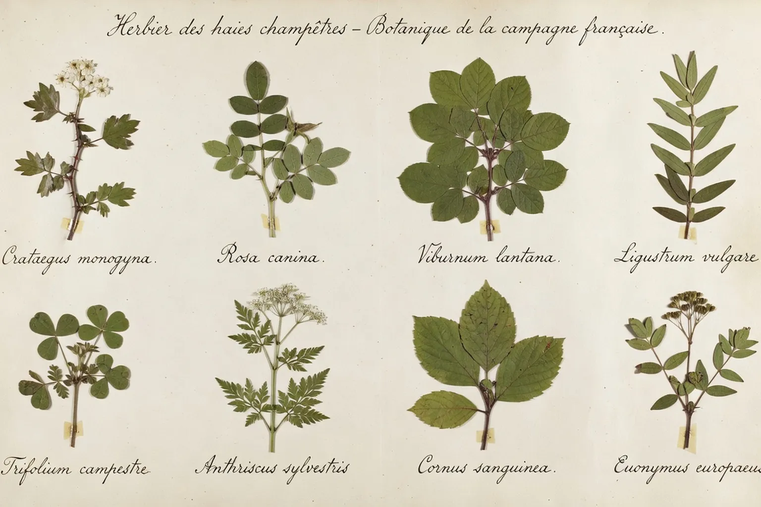 Planche d'herbier montrant 8 essences de haie champêtre avec leurs noms latins, style ancien museum d'histoire naturelle