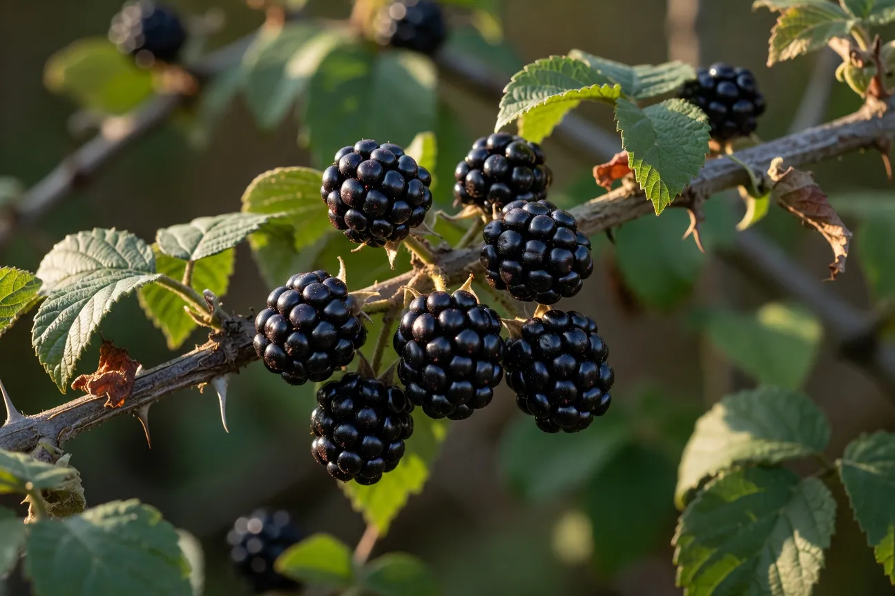 Zoom sur une mûre noire mûre sur la branche, fruit brillant et charnu