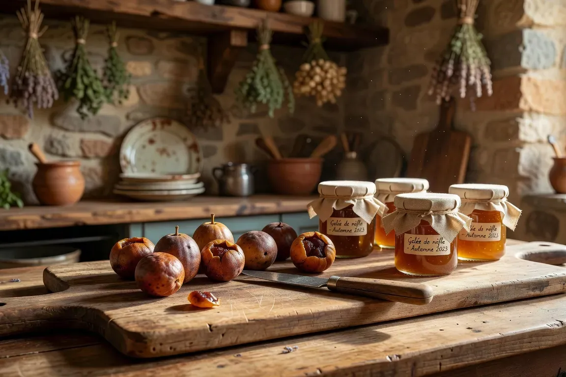 Plateau en bois avec nèfles blettes, couteau et petits pots de gelée ambrée, cuisine campagnarde