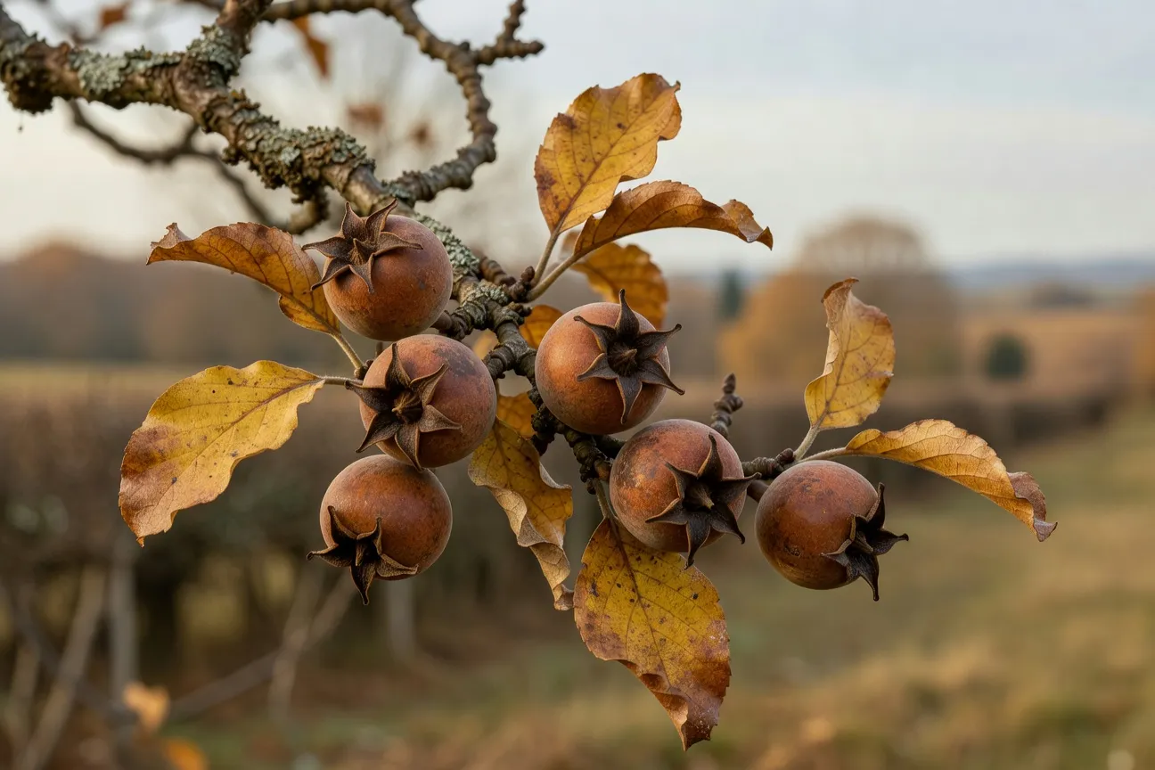 Nèfles sur rameaux en novembre, fruits bruns à cinq sépales caractéristiques, feuillage jaune d'automne