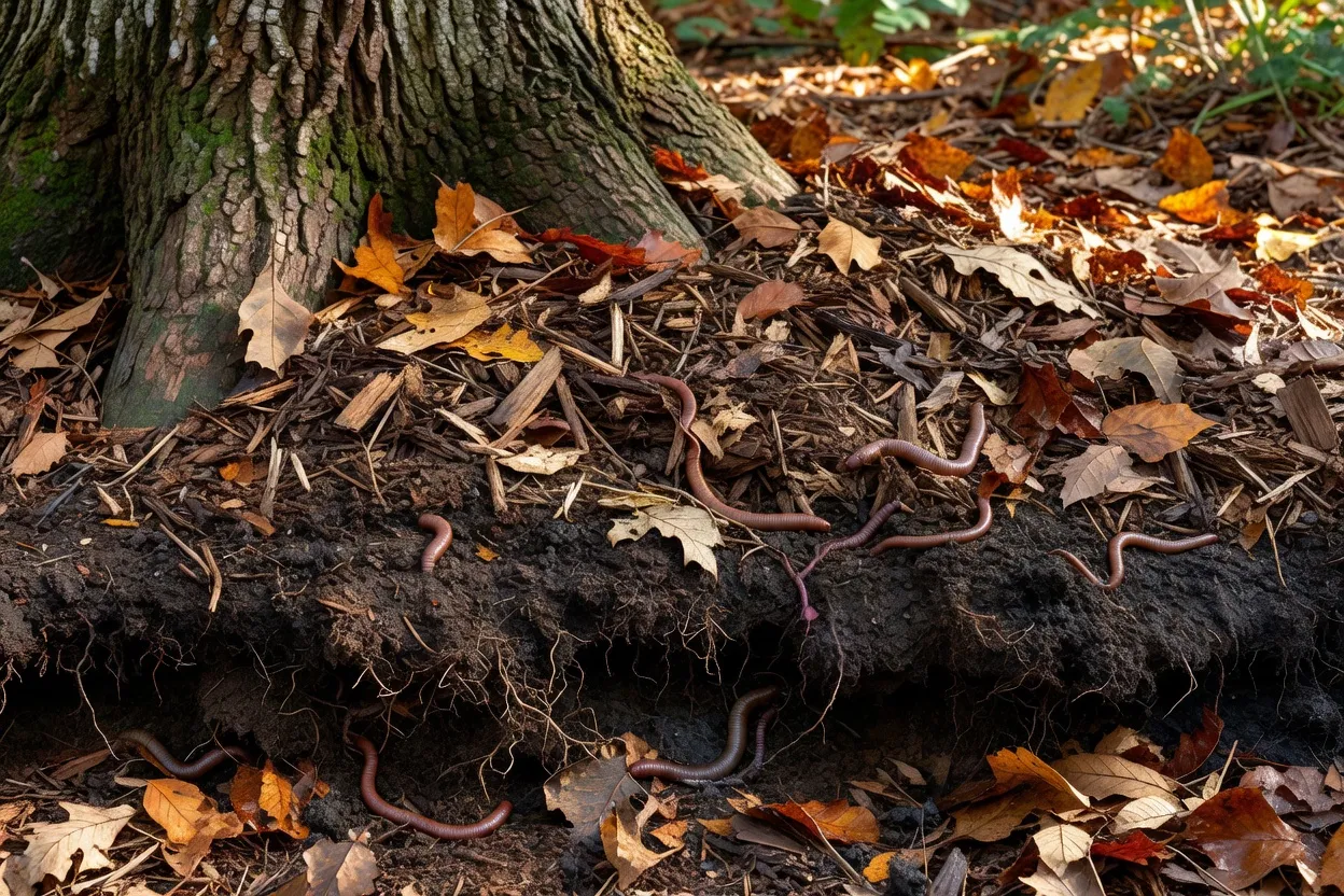 Paillage de bois raméal fragmenté (BRF) épais au pied d'un jeune arbre fruitier rustique