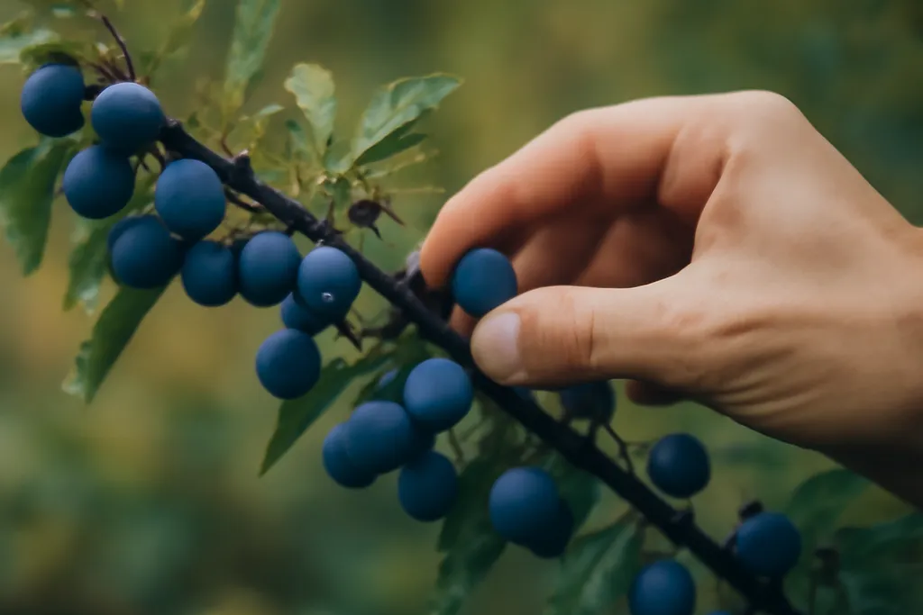 Prunelles bleu-noir couvertes de pruine sur une branche épineuse