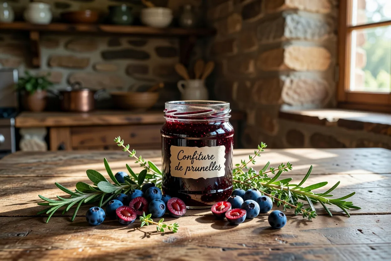 Bocal de liqueur de prunelle en préparation avec sucre et eau-de-vie