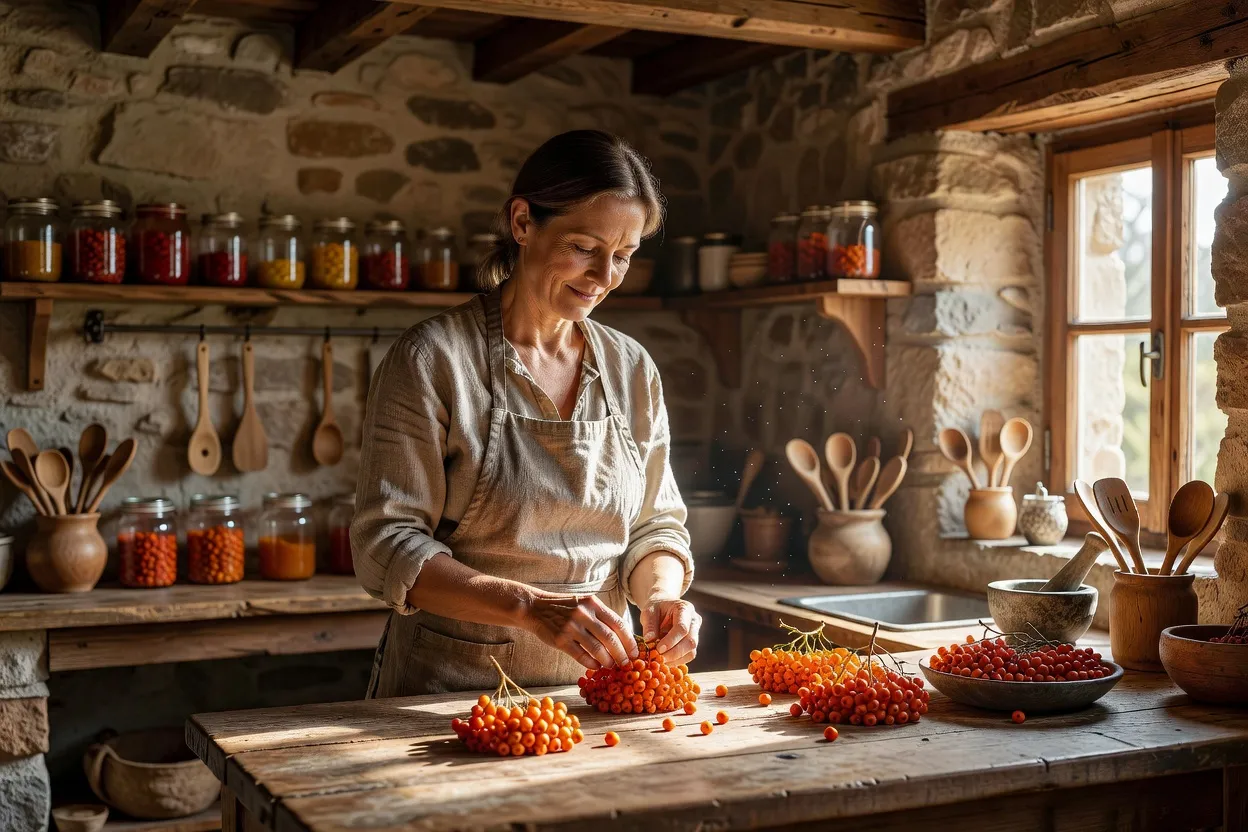 Grappes de sorbes rouges du sorbier des oiseleurs prêtes à la cueillette