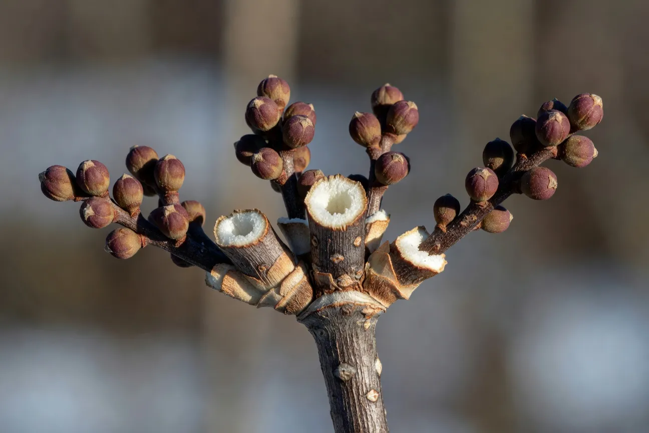 Bourgeons alternés de sureau noir en hiver, tiges fistuleuses et moelle blanche visible