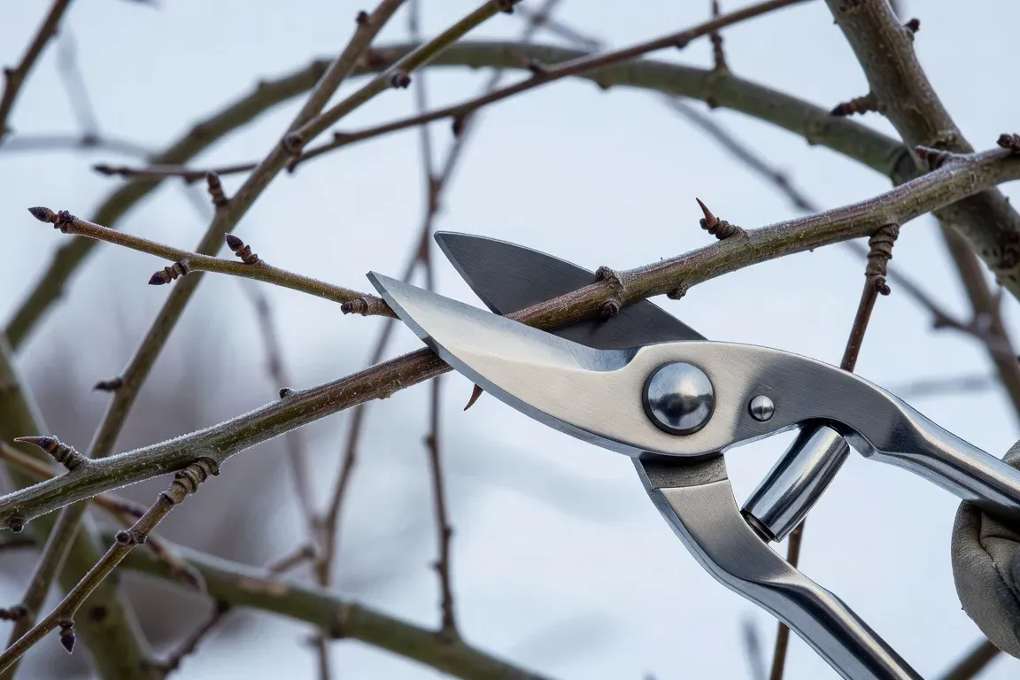 Sécateur Felco propre et affûté taillant une branche d'aubépine en hiver, branches nues, ciel clair