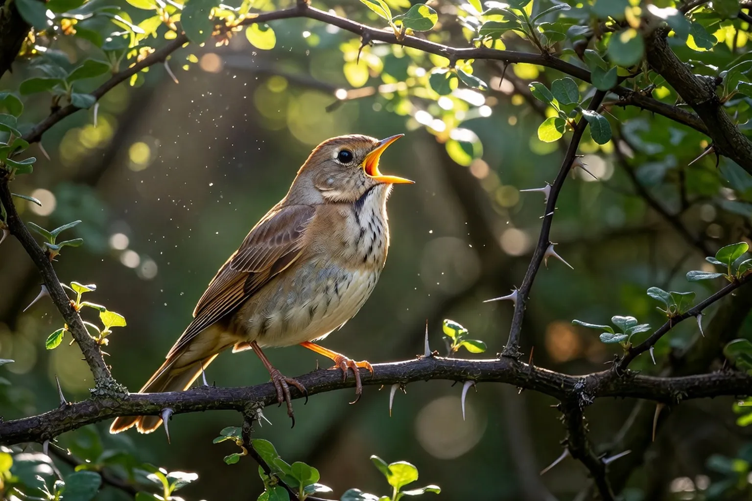 Rossignol philomèle chantant dans un fourré de prunellier, lumière filtrée du sous-bois