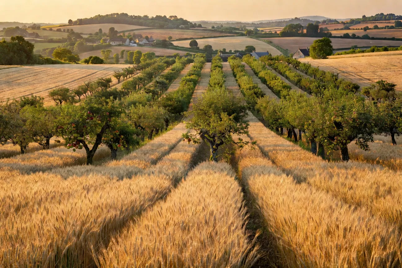 Vue d'une parcelle de céréales avec rangées d'arbres fruitiers en alignement intercalaire, système agroforestier