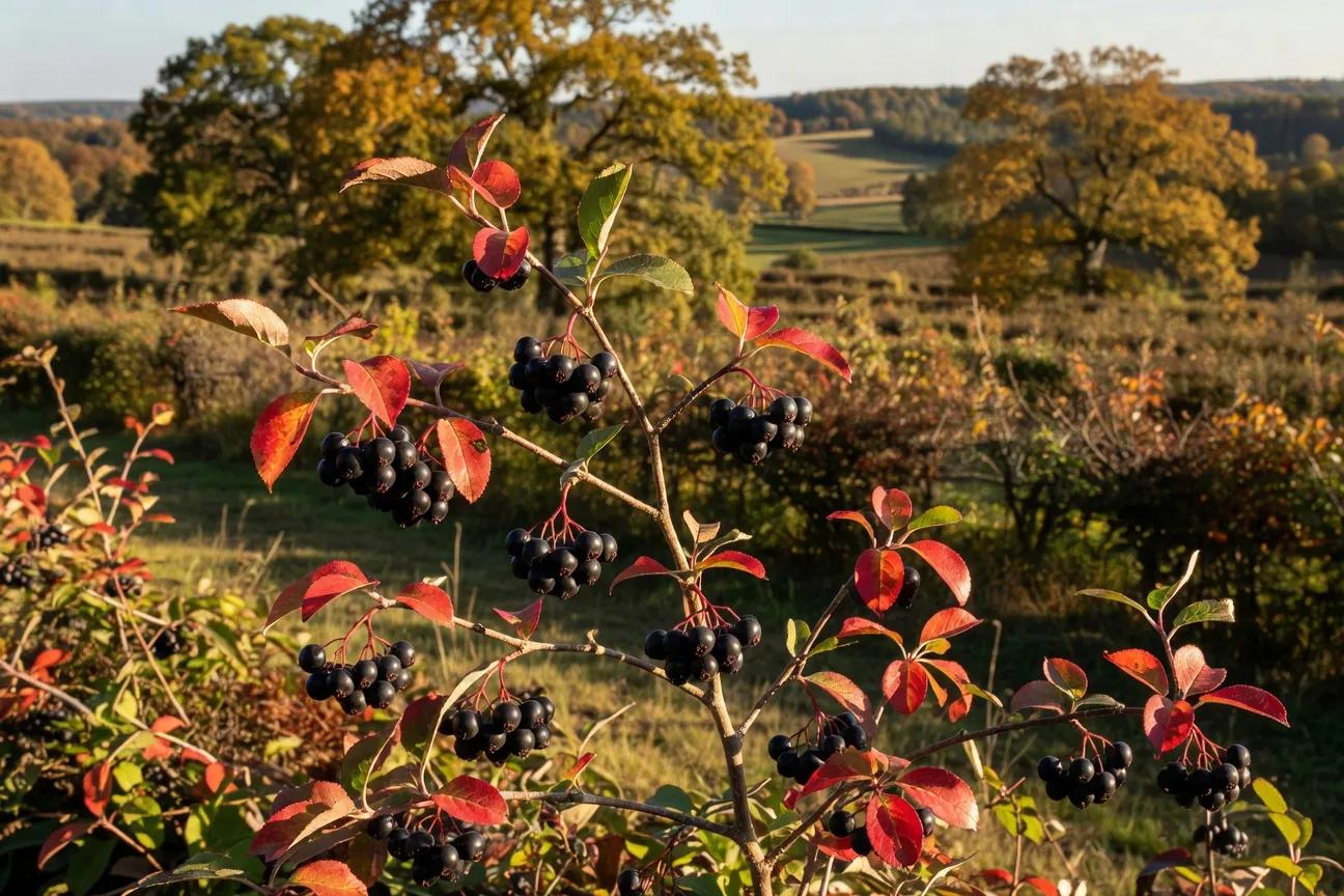 Grappes d'aronies noires mûres sur rameaux aux feuilles rougissantes d'automne, bocage en arrière-plan
