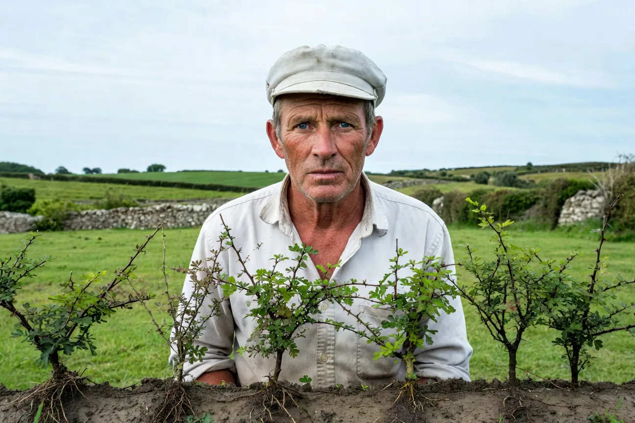 Portrait éditorial d'un éleveur breton devant une haie bocagère récemment plantée, Morbihan, lumière douce