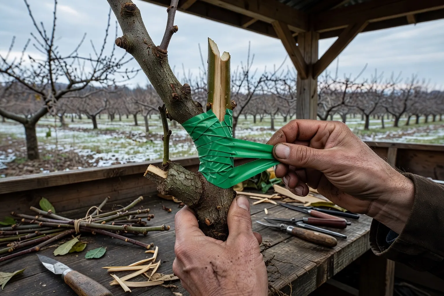 Mains expertes réalisant une greffe en fente sur un porte-greffe de néflier, lien de greffage vert visible, atelier verger hivernal