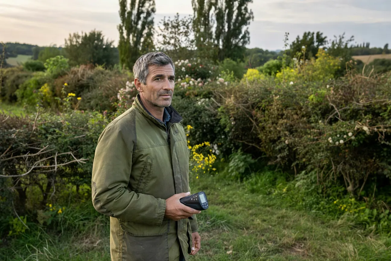 Portrait éditorial d'un écologue de terrain en haie champêtre multistrate, appareil de mesure à la main