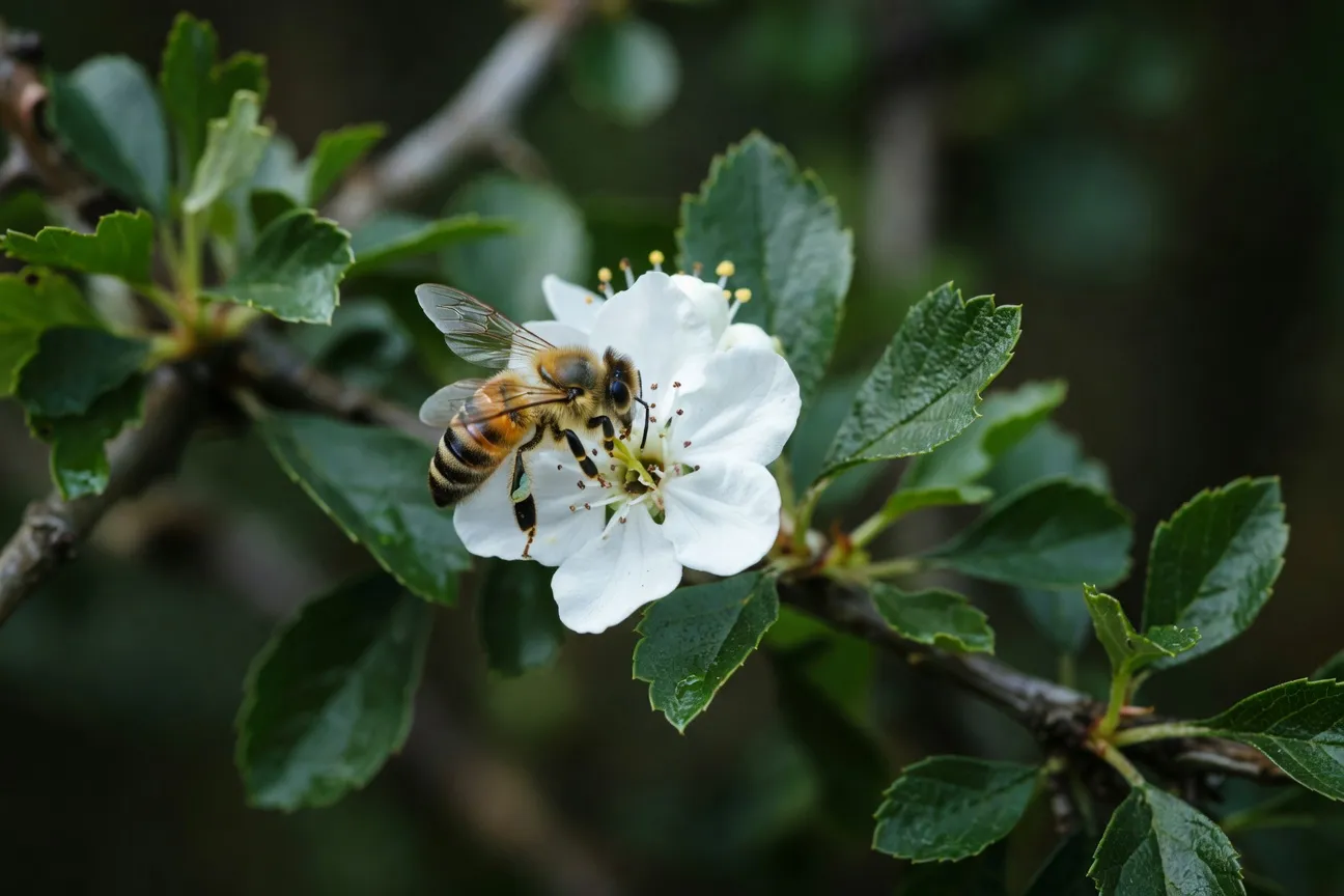Abeille domestique butinant les fleurs blanches d'une aubépine en haie champêtre, mai