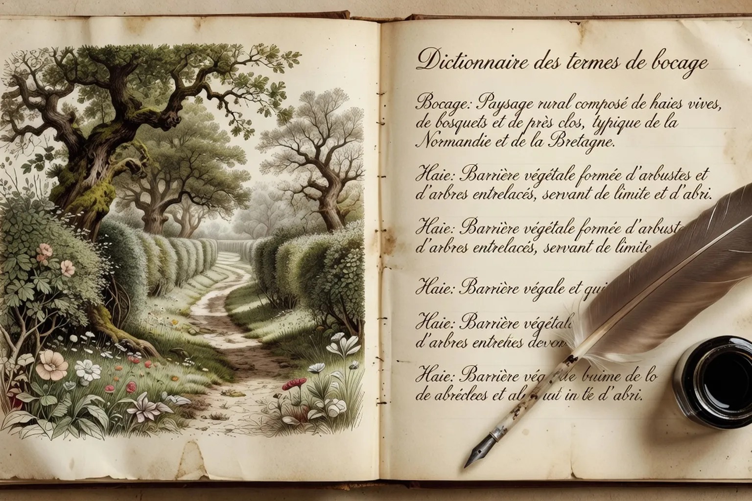 Page d'un dictionnaire botanique illustré ouvert, définitions manuscrites de termes bocagers, plume et encre, fond papier herbier