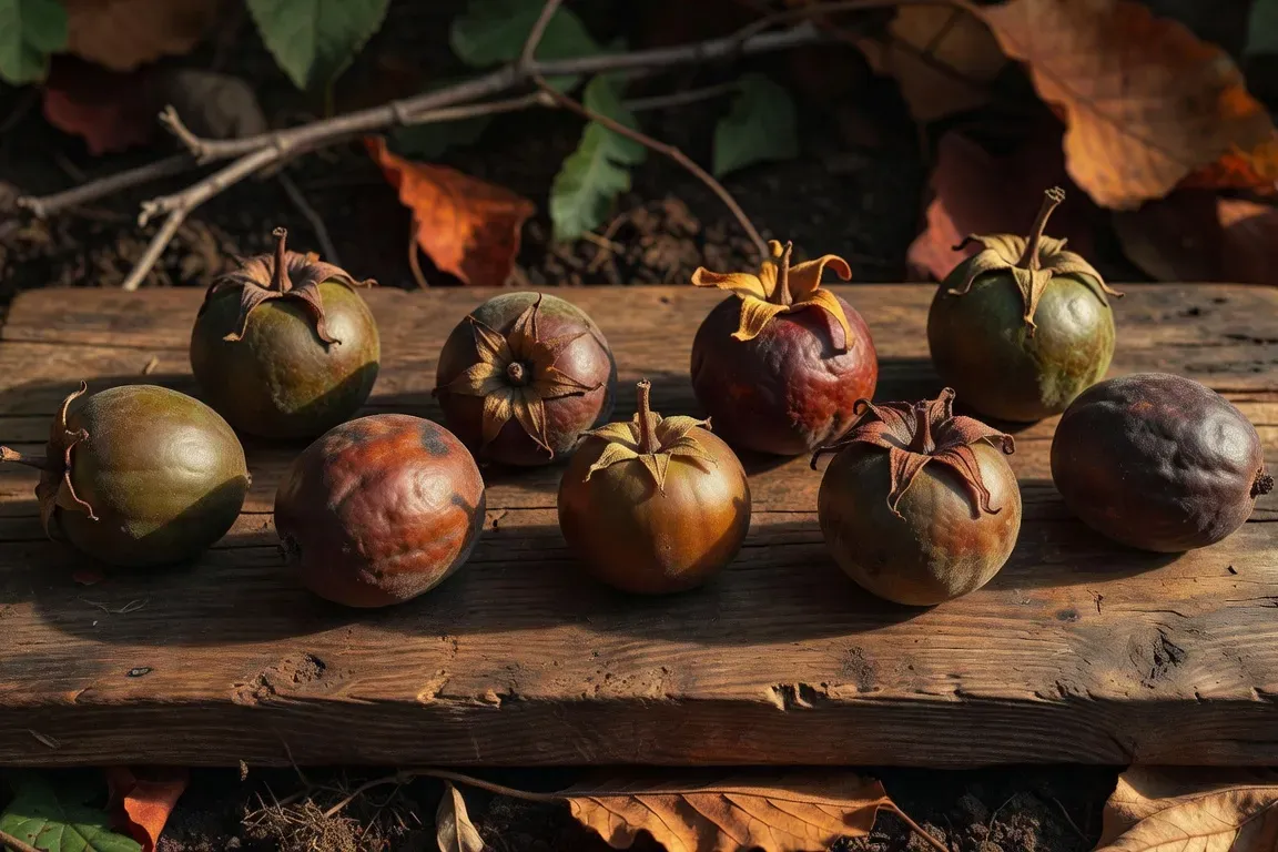 Nèfles en cours de blettissement sur une planche de bois, fruits bruns mûrs en novembre, bocage breton
