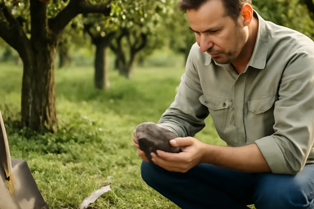 Portrait éditorial d'un agronome examinant un paillage de bois raméal fragmenté au pied d'un arbre fruitier rustique