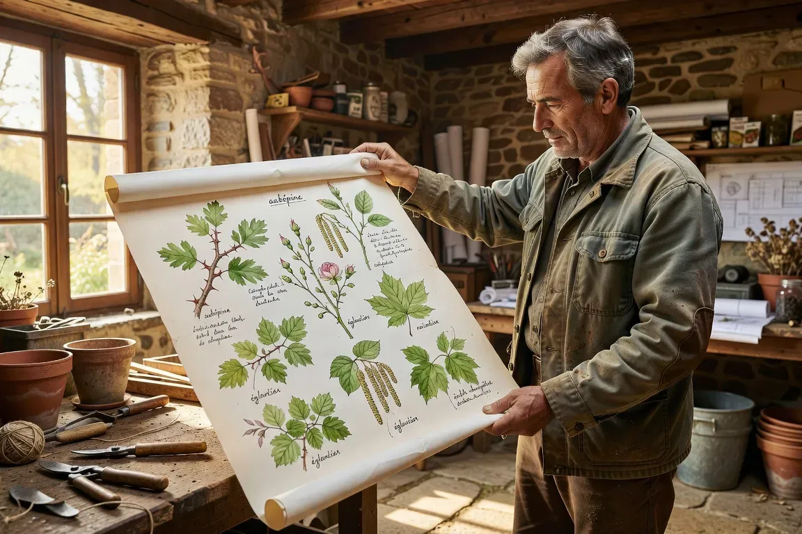 Paysagiste devant un plan de végétalisation de haie champêtre multistrate, croquis botaniques
