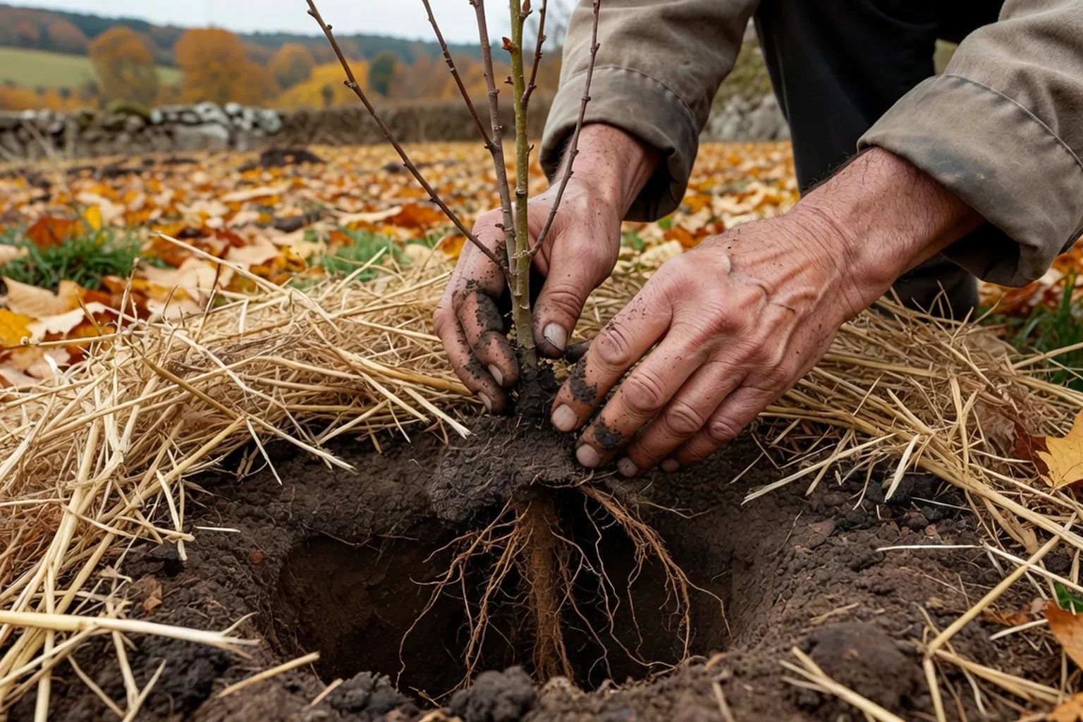 Plantation d'une haie champêtre à racines nues en automne : plants d'aubépine et de prunellier alignés avec paillage au sol