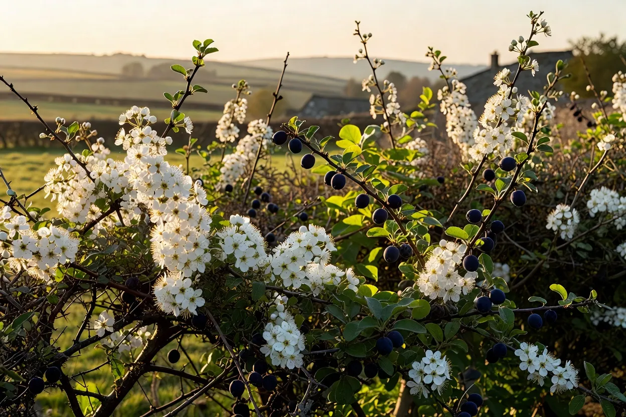 Branche de prunellier chargée de prunelles bleu-noir en haie champêtre à l'automne