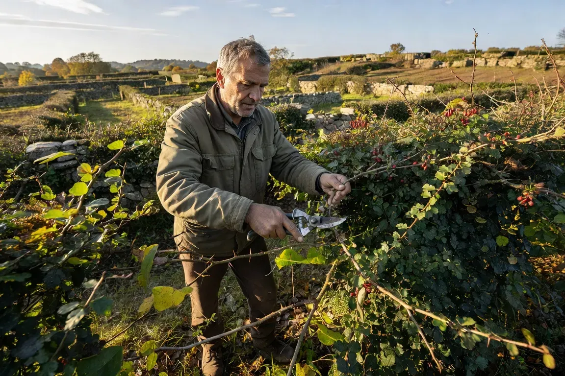 Homme taillant une haie champêtre avec un taille-haie électrique, été, bocage en arrière-plan