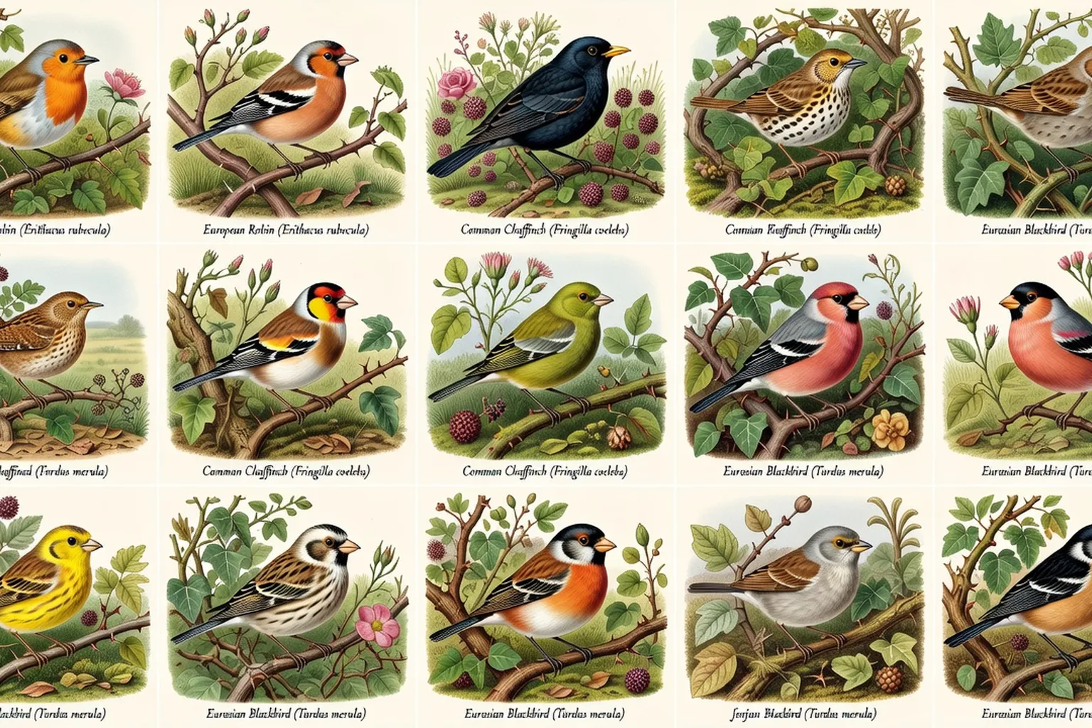 Mosaïque naturelle de 15 oiseaux bocagers photographiés dans leur haie champêtre naturelle, style field guide illustré