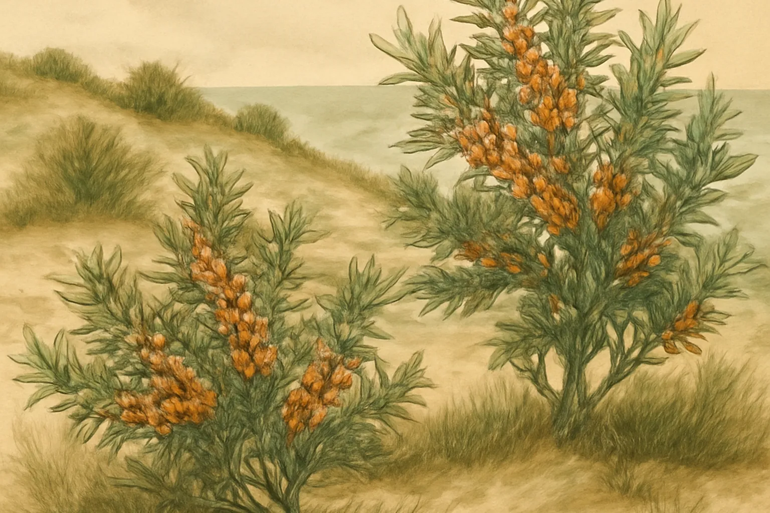 Argousiers sur dunes sableuses, exemple de biotope pionnier