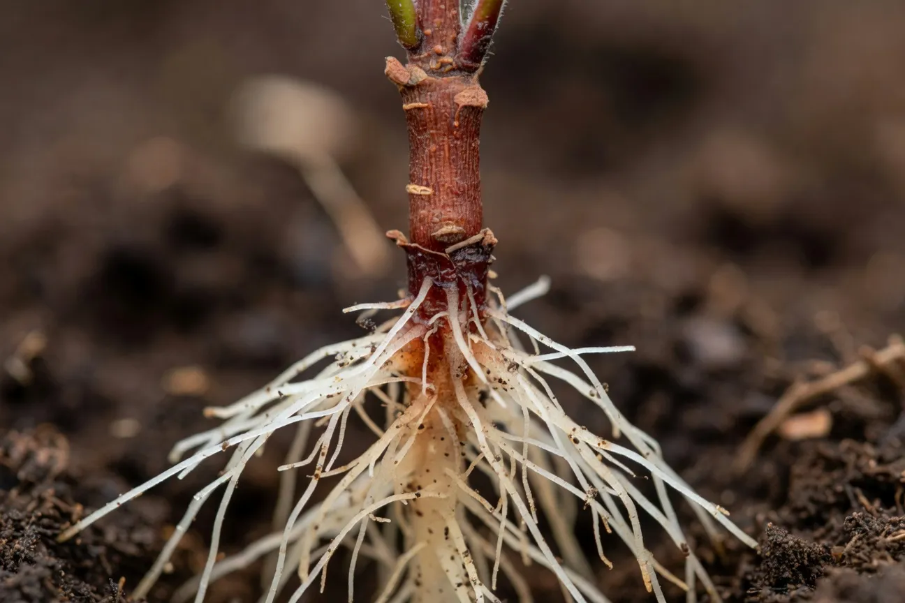 Détail d'un jeune plant d'aronia en racines nues, collet visible avec ligne de transition entre tige aérienne et système racinaire