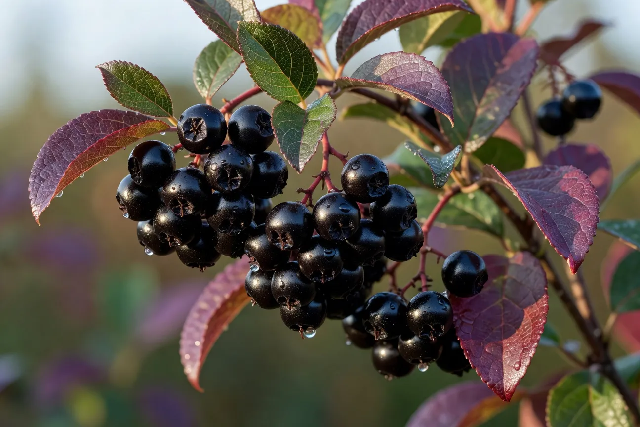 Trois variétés d'aronia en fruits sur la branche, baies noires brillantes prêtes à la cueillette d'automne