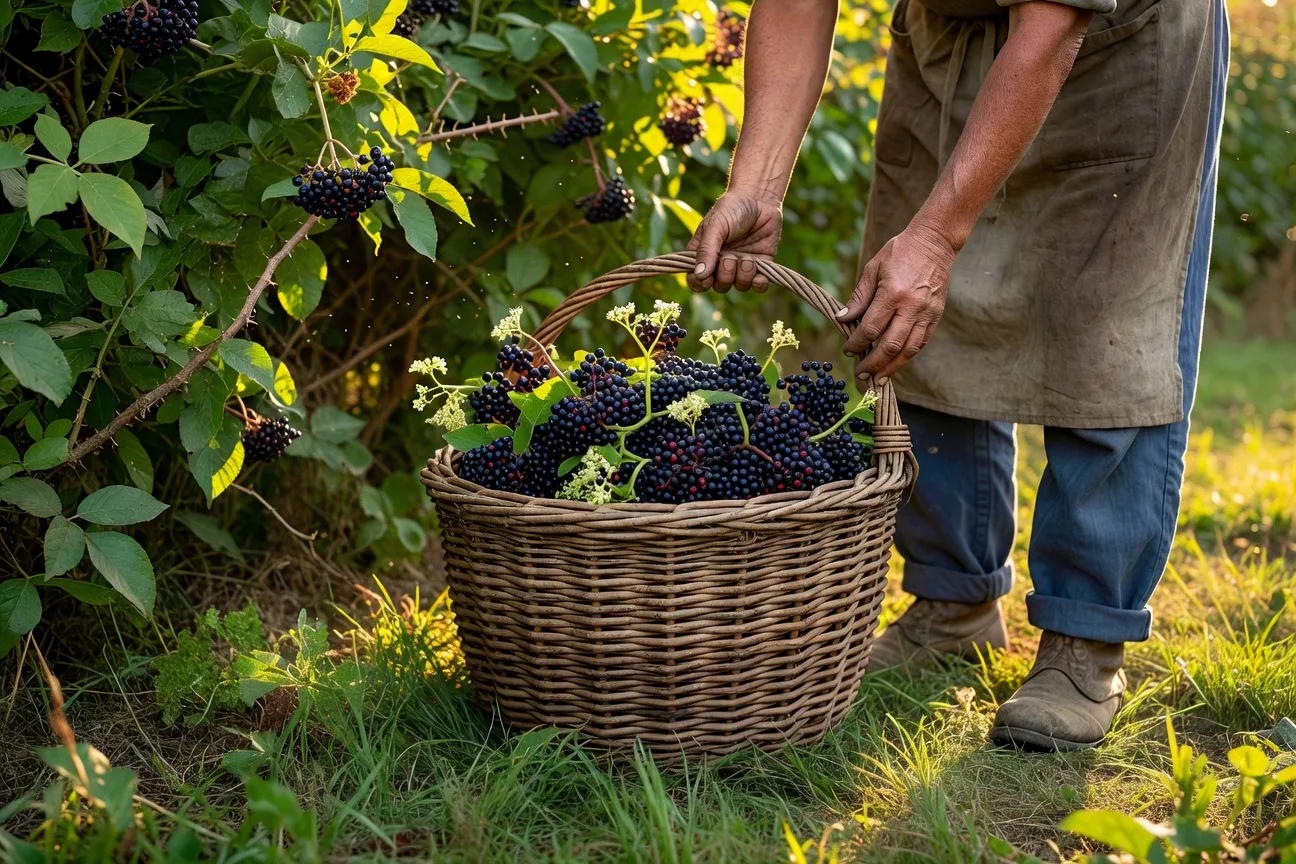 Récolte du sureau noir en août, grappes pourpres dans un panier en osier sous une haie bocagère ensoleillée