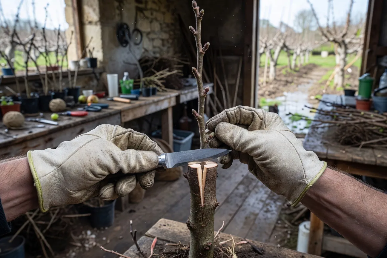 Greffage en fente d'un fruitier sauvage en mars, mains gantées tenant le greffoir et le greffon prêt à être inséré