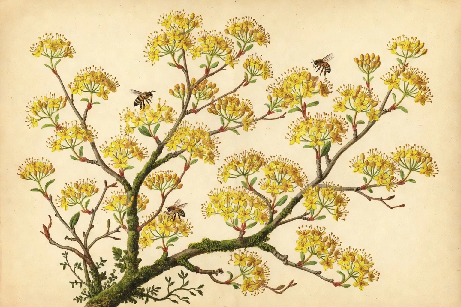 Floraison jaune precoce du cornouiller male en fevrier