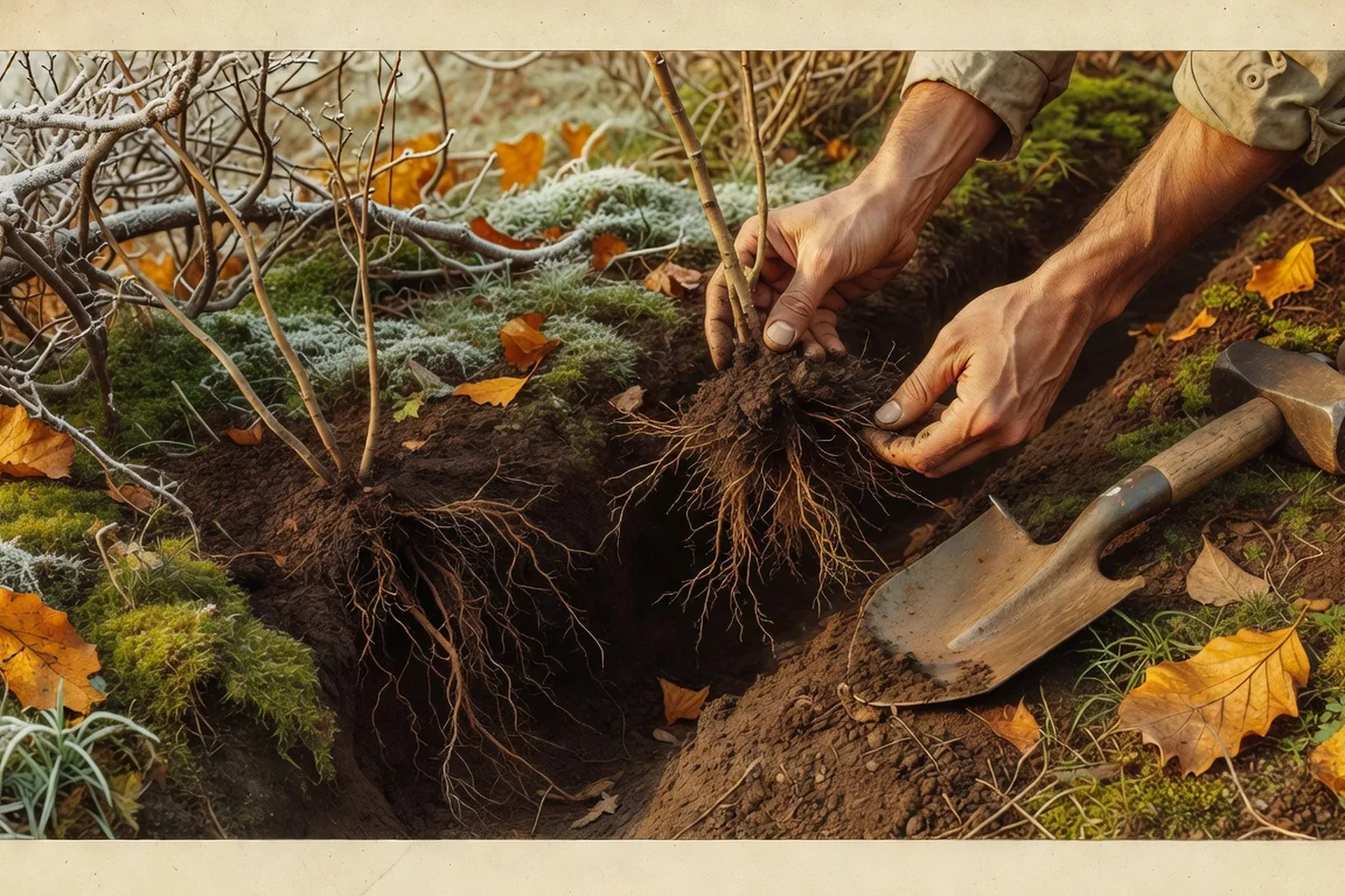 Plantation en racines nues d'un jeune plant forestier