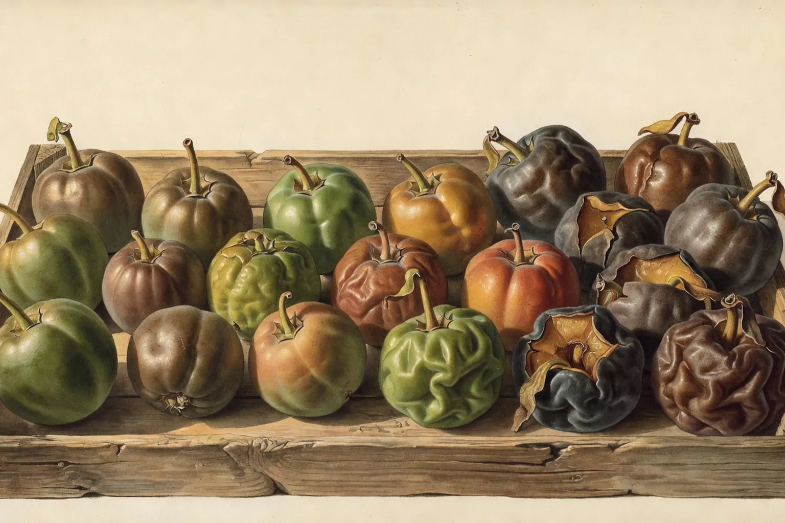 Nefles dans un cageot a differents stades de blettissement