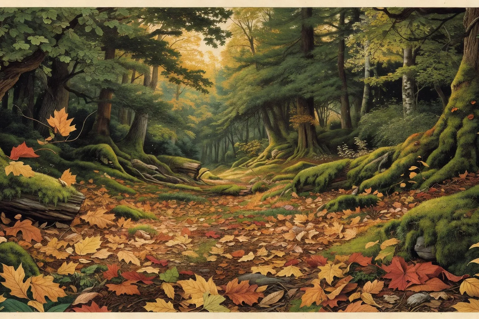 Sous-bois cathedrale d'une foret mixte en automne