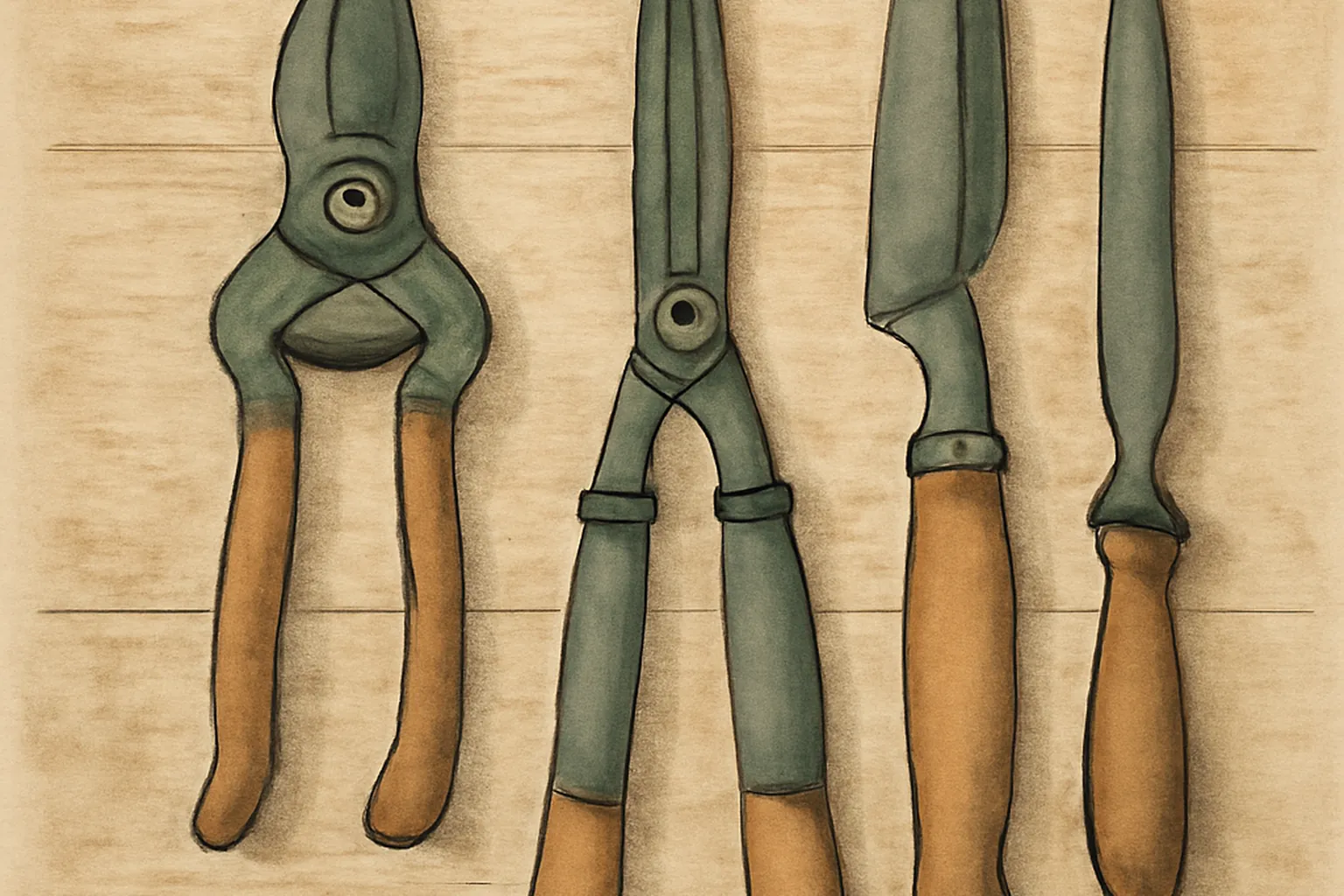 Outils traditionnels de taille douce sur un etabli de bois