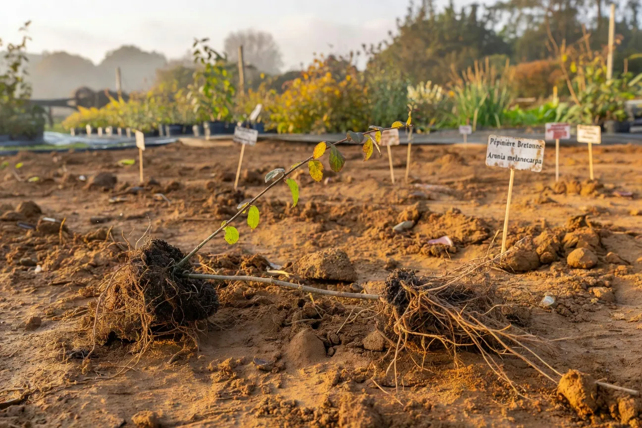 Jeune plant d'aronia melanocarpa en godet, fraîchement reçu de pépinière, posé sur une terre fraîchement retournée