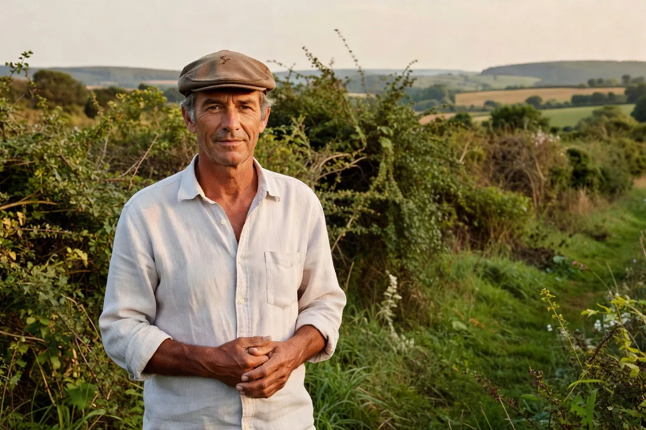 Portrait éditorial de Yvan Le Goff, agroforestier des Côtes-d'Armor, casquette de feutre brune, devant une haie bocagère bretonne