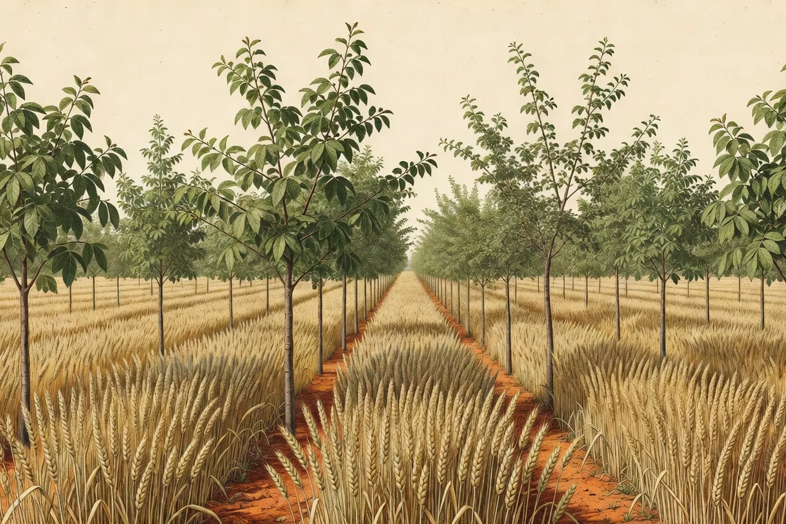 Rangee d'arbres fruitiers en alignement au milieu d'une parcelle de cereales, systeme agroforestier intercalaire